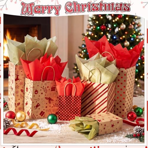 Humyoun 24 Pack Christmas Paper Gift Bags Bulk Assorted Sizes, Khaki,Red - Image 4