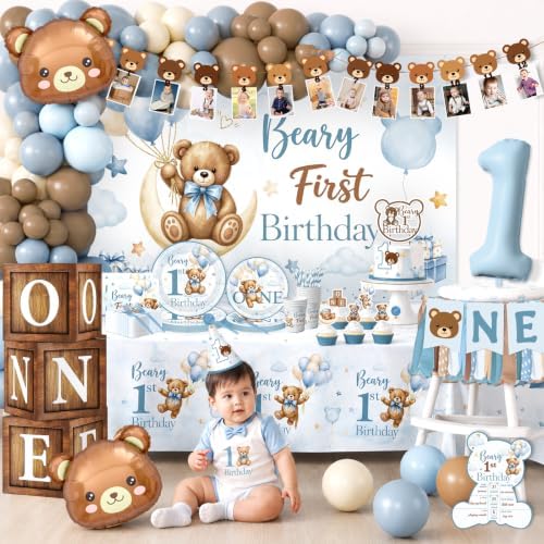 Beary First Birthday Decorations,Teddy Bear Birthday Decorations Set for First Birthday Theme Boy With Backdrop, Balloons, One High Chair Banner,Plates,Napkins,Cake Toppers,272pcs - Image 2