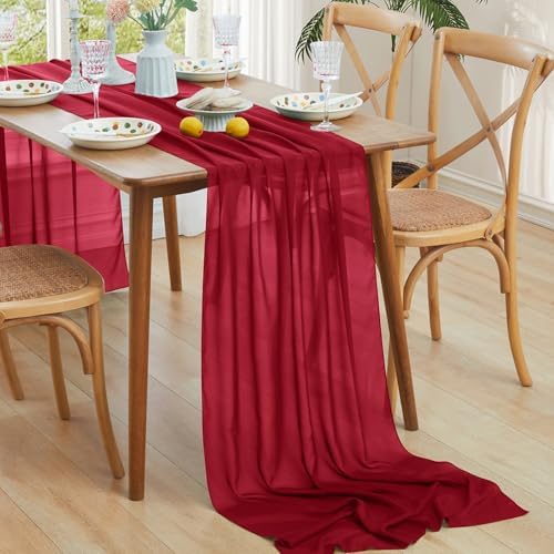 Horbaunal 12 Pack Burgundy Chiffon Table Runners 10FT, 29x120 Inches - Image 2