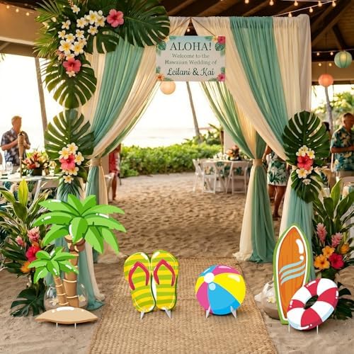 4 Pcs Large Summer Party Decorations, Hawaiian Yard Signs with Stakes Flip Flops Beach Ball Surfboard Palm Tree Cardboard Cutouts for Tropical Birthday Baby Shower Indoor Outdoor Photo Prop - Image 5