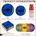 Pickmesh 250 Pcs Crayon Party Disposable Tableware Set Paper Plates and Napkins Cups Supplies Tea Party Theme Dinner Dinnerware for Birthday Bridal Baby Shower Wedding Decoration Serves 50 - Image 2