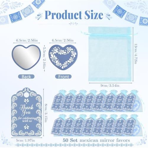 50 Set Cielito Lindo Mexican Baby Shower Party Favors, Heart-Shaped Mirrors with Organza Bags & Thank You Cards, Blue Talavera Party Gifts Bulk for Guests Bridal Shower Wedding Gender Reveal Party - Image 2