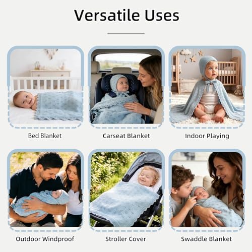 LifeTree Knit Baby Blanket & Hat, 100% Cotton Soft Swaddle & Receiving Blanket for Toddler, Lightweight & Breathable Newborn Blanket Unisex for Crib, Stroller, 31X40 Inches, Shower Registry Gift, Blue - Image 6