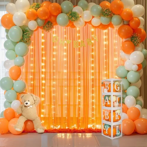Orange Tulle Backdrop Curtain with Lights String for Parites 10x10ft Sheer Backdrop Curtains Drapes for Birthday Party Baby Shower Wedding Ceremony Prom Halloween Photo Booth Background Decorations - Image 3