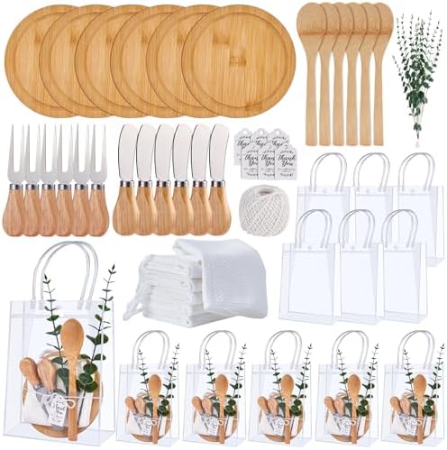 55Pcs Baby Shower Prizes for Game Winners 6 Sets Cheese Board Spoon Fork Butter Spreaders Plaid Towel Thank You Card and Gift Bags for Baby Shower Wedding Bridal Shower Favors (Round Shaped) by Rigibright