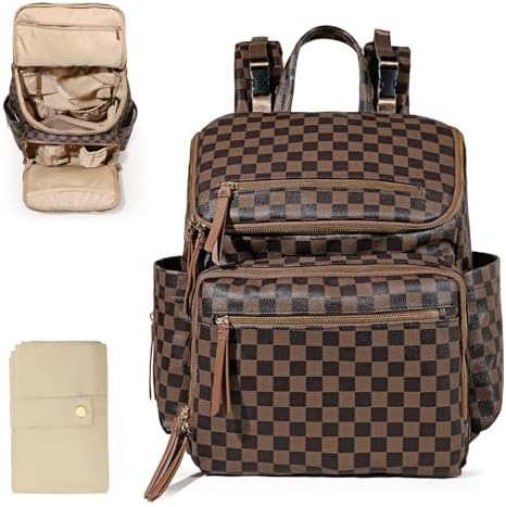 Omanmoli Checkered Diaper Bag Backpack Large Baby Diaper Bag Leather with 17 Diaper Bag Organizing Pouches,Changing Pad,Stroller Straps,4 Insulated Pockets, Coffee by Omanmoli