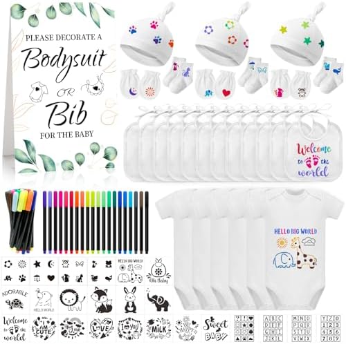 78PCS Baby Bib Bodysuit Baby Shower Set Baby Shower Game Sign Baby Feede Bib Newborn Bodysuit Fabric Marker by Unknown