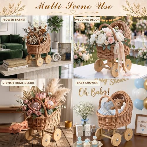 4-Piece Set Wicker Stroller for Baby Shower, Vintage Baby Carriage Planter for Floral Arrangements, Wicker Baby Carriage Decor Centerpieces for Tables, Rustic Rattan Baby Carriage Basket - Image 7