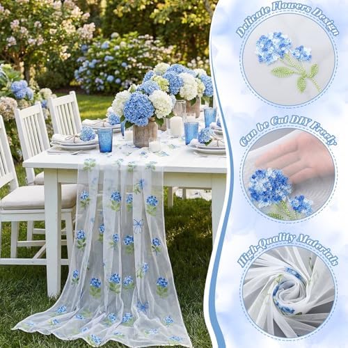 Mindsoft 3 Pcs Blue Hydrangea Floral Table Runner 10ft Gauze Embroidery Hydrangea Tulle Lace Summer Table Runner for Wedding Bridal Baby Shower Holiday Dining Decor DIY - Image 4