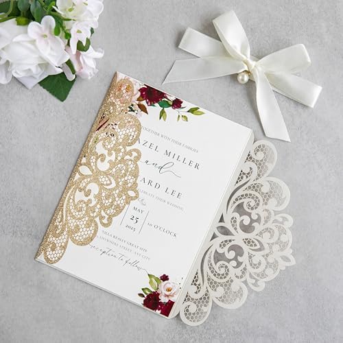20Pcs Personalized Wedding Invitation, Customized Gold Glitter Laser Cut Invitation Cards With Envelopes Rhinestone Pearls and Ribbons For Wedding XV Anos Quinceanera Invitation - Image 6