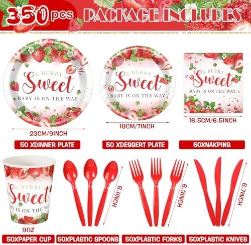 Dandat 350 Pcs Baby Shower Set, Strawberry, Red - Image 3