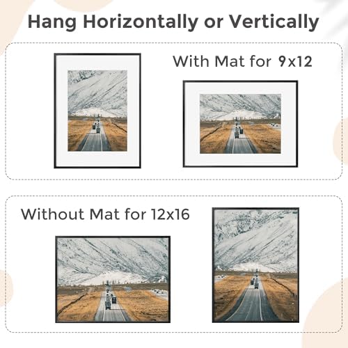FLYJOE 12x16 Metal Picture Frame for Wall With Mat for 9x12, 12''x16'' Aluminum Certificate Document Frames With Plexiglass, Minimalist Modern Poster Frame Horizontally Vertically Set of 3, Black - Image 4