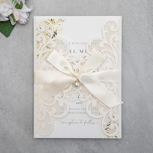 20Pcs Ivory Laser Cut Wedding Invitation Cards With Envelopes by FEIYI