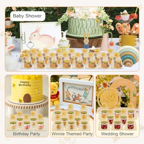 BGraceyy 126 Pcs 1.5 oz Mini Round Glass Honey Jars with Dippers, Gold Lids, Bee Stickers, Bee Charms, Gift Bags & Jute– Empty Small Honey Jars for Party Favors Bulk, Ideal for Baby Showers ＆ Weddings - Image 4