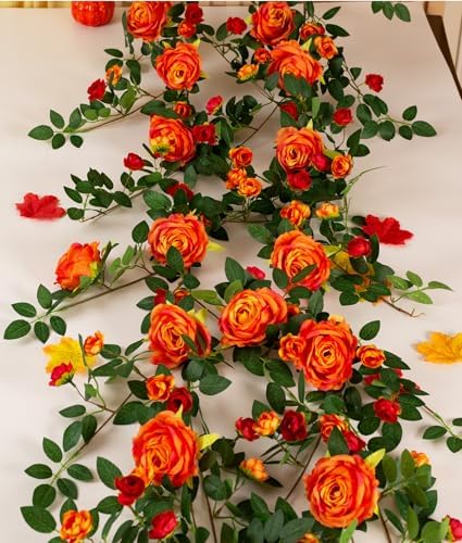 2 PCS 12FT Bendable Flower Garland, Fake Rose Vine for Home Decor,Orange - Image 5