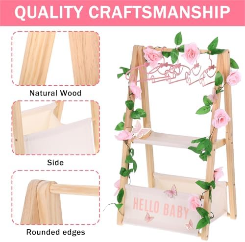 Double Layered Wooden Baby Shower Crate Closet Baby Storage Crate Hamper with Letters Garland and 10 Clothes Hangers Foldable Nursery Storage Crate for Girl Boy Pregnancy Gift - Image 3