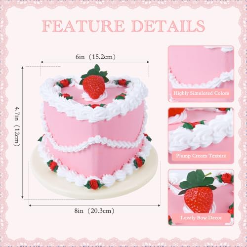 6 Inch Strawberry Heart Fake Cake, Pink Heart Artificial Cake with Strawberry Topper and Rose Decor, Reusable Faux Cake Prop for Wedding, Birthday, Bridal Shower, Baby Shower, Anniversary Party Decor - Image 2