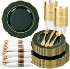 Liacere 350PCS Green Plastic Plates - Dark Green Disposable Plates With Gold Rim - 50Guest Baroque Plastic Dinnerware include 100Plates-50Pcs Pre Rolled Napkins with Silverware 50Cups for Party by Liacere