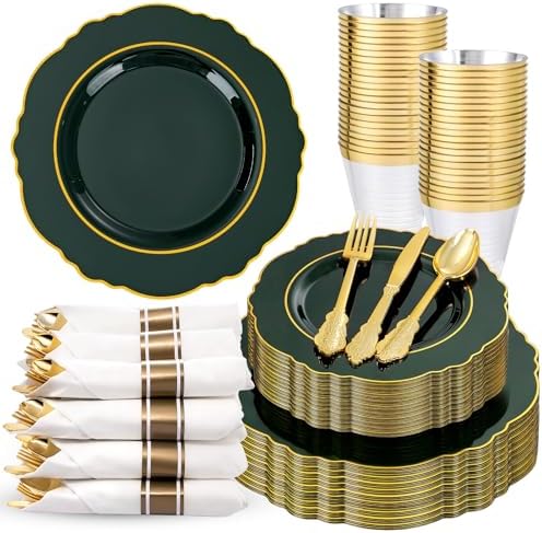 Liacere 350PCS Green Plastic Plates - Dark Green Disposable Plates With Gold Rim - 50Guest Baroque Plastic Dinnerware include 100Plates-50Pcs Pre Rolled Napkins with Silverware 50Cups for Party by Liacere
