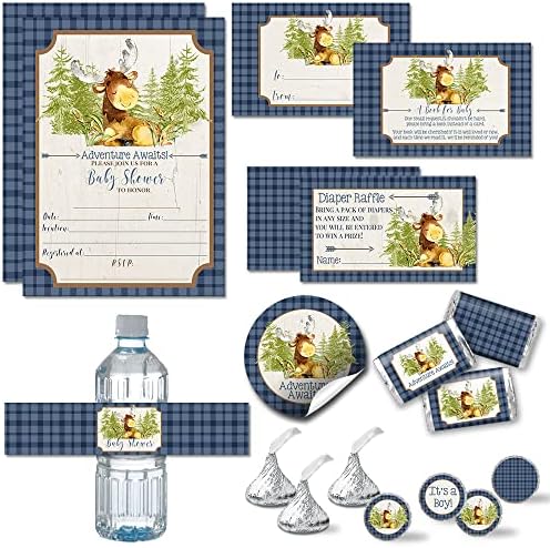 Amanda Creation Adventure Awaits Cute Moose Boy Baby Shower Party Bundle Includes 20 each of Invitations with Envelopes + 4 Different Sizes of Decorative Stickers, Diaper Tickets & Bring a Book Cards by AmandaCreation