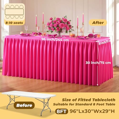 Hot Pink Polyester Table Cloths for Rectangle 8 Foot Tables, 2 Pack Wrinkle Free Tablecloths Stretchy Banquet Ruffle Fitted Table Cover Desk Skirt for Parties Wedding Birthday Baby Shower - Image 5