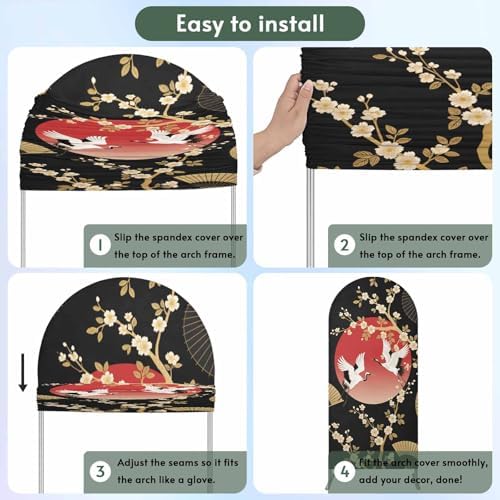 Arch Backdrop 6.6 Ft, Cherry Blossom Spandex Stretch Fitted Arch Cover, Round Top Chiara Arches Stand Backdrop Cover for Wedding Birthday Party Baby Shower Harmony Crane Red Moon Paper Fan - Image 5