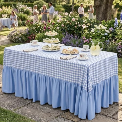 Haze Blue Gingham Tablecloth Plaid Ruffled Table Skirt, 132 x 90'' - Image 4
