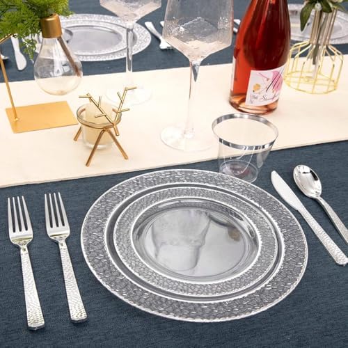 Ciaell 150PCS Clear Silver Plastic Plates - Silver Disposable Plates include 25Dinner Plate, 25Dessert Plate, 25Forks, 25Knives, 25Spoons, 25Cups for Weddings & Parties - Image 6