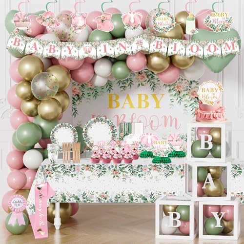 Baby in Bloom Baby Shower Decorations, 293pcs All-in-One Baby Shower Decor Kit Baby Box Banner Backdrop Tablecloth Plates Cake Topper Balloon Arch Sash Corsage Floral Sage Babyshower for Girl Boy by Unknown