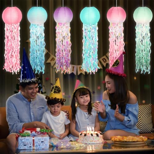 12Set 10" LED Jelly Fish Paper Lanterns 8 Color Jellyfish Mermaid Party Decor Pink Pastel Hanging Jellyfish Mermaid Decor Under The Sea Paper Lantern Lamp for Ocean Birthday Girl Baby Shower Baby Room - Image 5