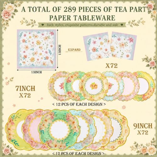 Yungyan 289 Pcs 72 Set Floral Tea Party Supplies, Tea Party Plates and Napkins Set with Tablecloth, Disposable Handle Teacups and Saucers for Birthday Wedding Bridal Shower Decorations(Classic Style) - Image 2