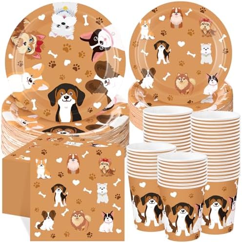 Ziliny 250 Pcs Dog Party Decorations Pet Paw Print Paper Plates Napkins and Cups Brown Puppy Theme Tableware for Doggy Birthday Baby Shower Party Serve 50 Guests by Ziliny