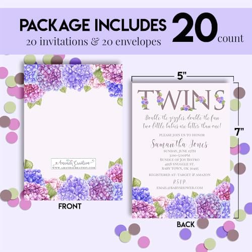 Amanda Creation Custom Baby Shower Invites Watercolor Hydrangea Baby Shower Invitation for Twins 20 5x7 Personalized Invites With Envelopes - Image 4