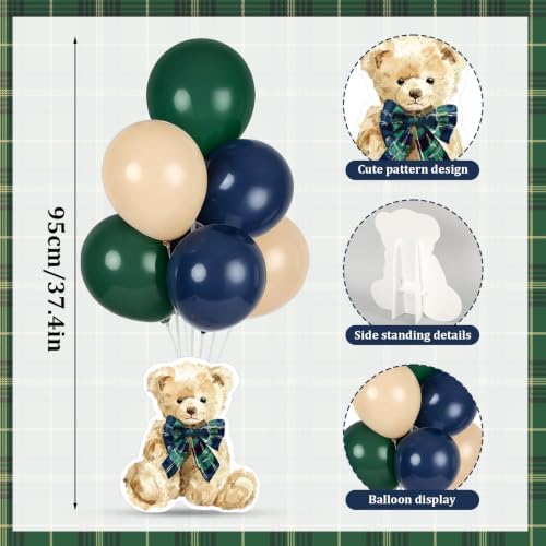 Whaline 12 Sets Bear Balloon Stand Kit for Table Centerpiece Baby Shower Party Decoration 90Pcs Green Blue Beige Latex Balloon Stick Holder with Base for Birthday Gender Reveal - Image 2