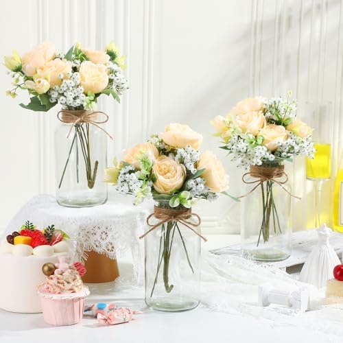 Zeyune 6 Sets Mason Jar Table Centerpiece with Artificial Peony Baby's Breath Flower Centerpieces Faux Flowers with Rope for Wedding Reception Engagement Bridal Shower Rustic Table Decor(Champagne) - Image 3