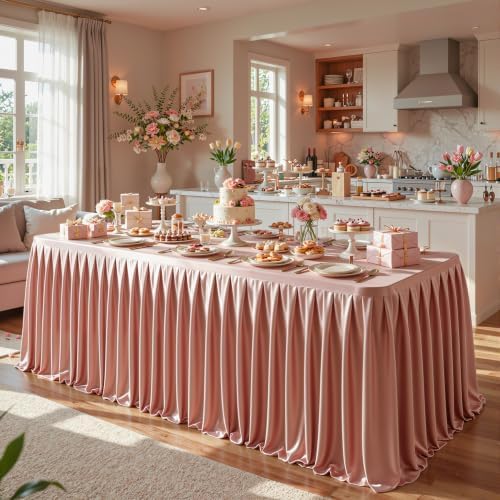 1 Pack Dusty Rose Satin Tablecloths Rectangle 4FT, Glitter Spandex Fitted Stretch Table Covers Wrinkle-Free Floor Length Shimmer Table Skirt for Weddings Parties Baby Shower Banquets Vendor Events by Partisky