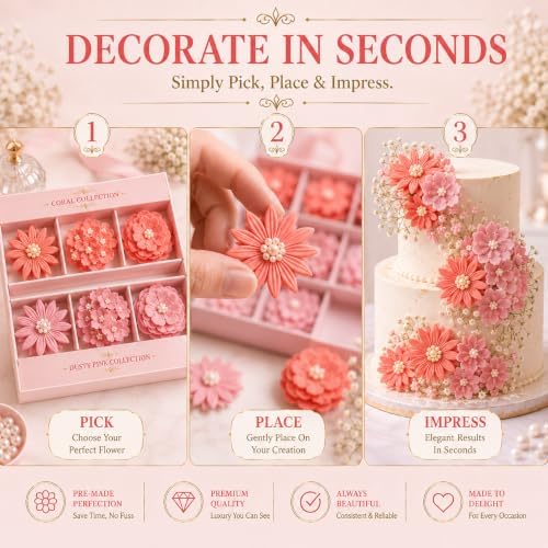 CONFECT Handmade Edible Gum Paste Flower Decorations – Blush Blossom Duo – 60 Piece Assorted Sugar Flower Set with Pearl Centers, Hand Cut Cake Flowers for Cakes, Cupcakes, Cookies & Desserts - Image 4