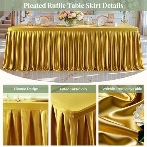 2 Packs Gold Satin Tablecloths Rectangle 4FT,Glitter Spandex Fitted Stretch Table Covers Wrinkle-Resistant Floor Length Shimmer Pleated Table Skirt for Wedding Parties Baby Shower Banquets - Image 2
