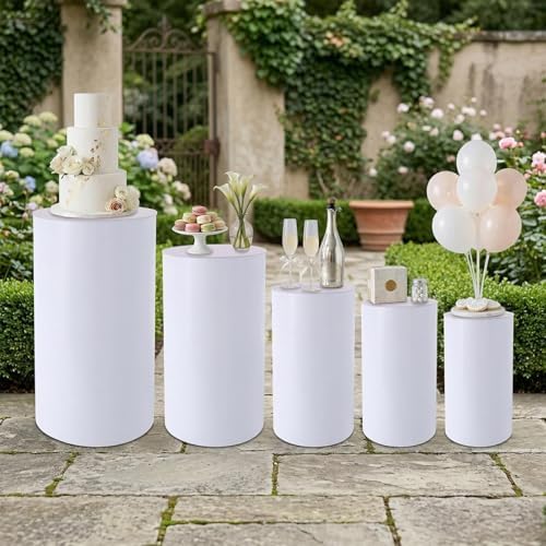 SHZICMY 5 Pcs White Cylinder Pedestal Stands for Wedding Decor, Round Acrylic Display Stand Set, Stackable Hollow Dessert Cake Stand for Birthday Party Baby Shower Celebration - Image 2