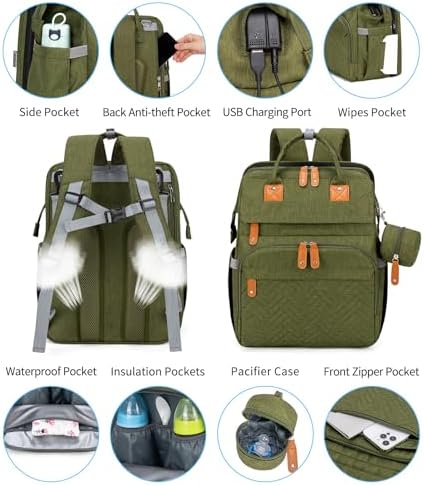 KABAQOO Diaper Bag Backpack with Detachable Changing Station, Large Capacity Baby Diaper Bags for Boys & Girls, Baby Registry Search Stuff & Shower Gifts, Newborn Essentials Must Haves, Army Green - Image 3