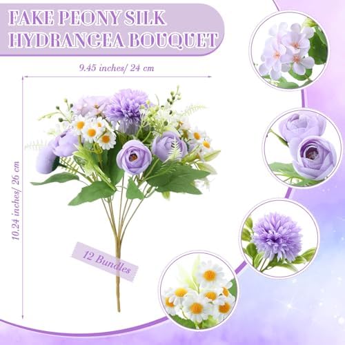 Tigeen 12 Bundles Peonies Artificial Flowers Faux Roses, Light Purple - Image 2