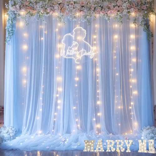 Blue Tulle Backdrop Curtains with Lights String for Parites Baby Shower 20×8ft Blue Sheer Backdrop Curtains Drapes for Bridal Shower Birthday Party Photo Shoot Background Decorations(4 Panels 5×8ft) - Image 4