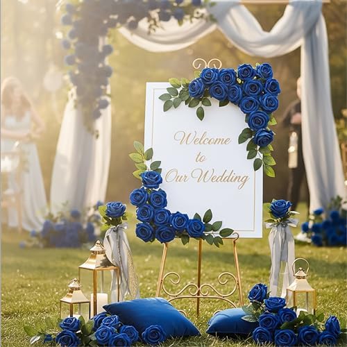 Auihiay 104PCS Blue Roses, Realistic Silk Velvet Blue Artificial Flowers - Image 3
