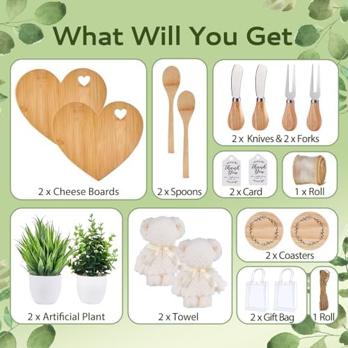 20Pcs Baby Shower Prizes for Game Winners Bamboo Cheese Board Fork Butter Spreaders Coasters Towel Artificial Potted Plant Gift Bag for Baby Shower Bridal Shower Favors (2 Sets, Bamboo Heart Shaped) - Image 4