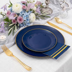 NOCCUR 350PCS Navy Blue Plastic Plates - Blue Disposable Dinnerware Set for 50 Guests, 100 Dinner/Dessert Plates, 150 Gold Silverware, 50 Cups&50 Napkins for Party/Wedding/Graduation/Independence Day - Image 3