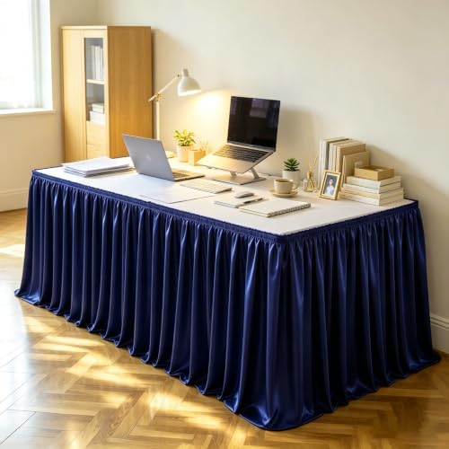 17ft Length Navy Blue Satin Table Skirt Rectangle Tables Wrinkle Resistant - Image 4