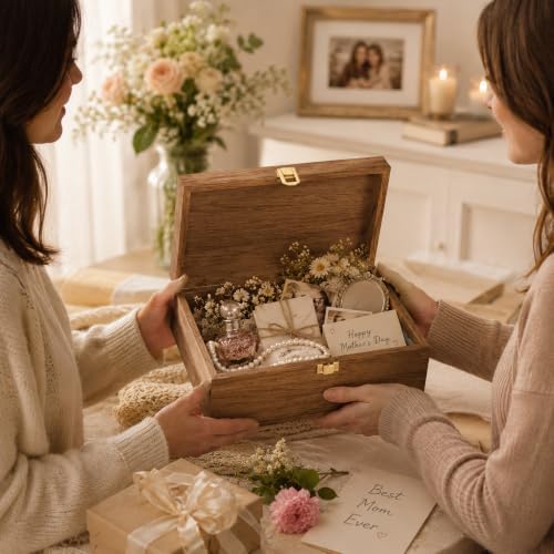 Keepsake Box,Large Acacia Wooden Memory Box Jewelry Box and Photo Storage Box for Wedding Baby Shower Decorative Storage Treasure Boxes with Lids(Brown) - Image 6