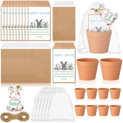 Ctosree 24 Sets Easter Seed Packets Party Favors with Mini Pots Bunny Tags by Ctosree