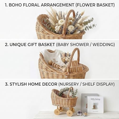 Woven Rattan Stroller Shaped Flower Basket with Handle, Versatile Trolley Decorative Flower Basket, Wicker Baby Carriage, Handwoven for Weddings, Baby Showers, Floral Arrangements - Image 6