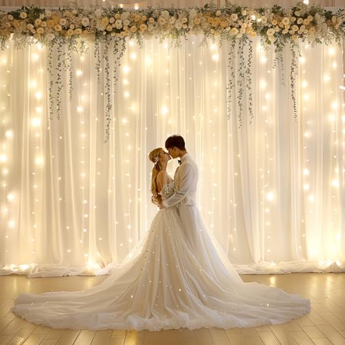 Shillance 20x10ft Ivory Chiffon Backdrop Curtain with Lights String for Wedding Sheer Tulle Curtain Photo Backdrops Drapes for Baby Shower Birthday Party Ceremony Decorations by Shillance